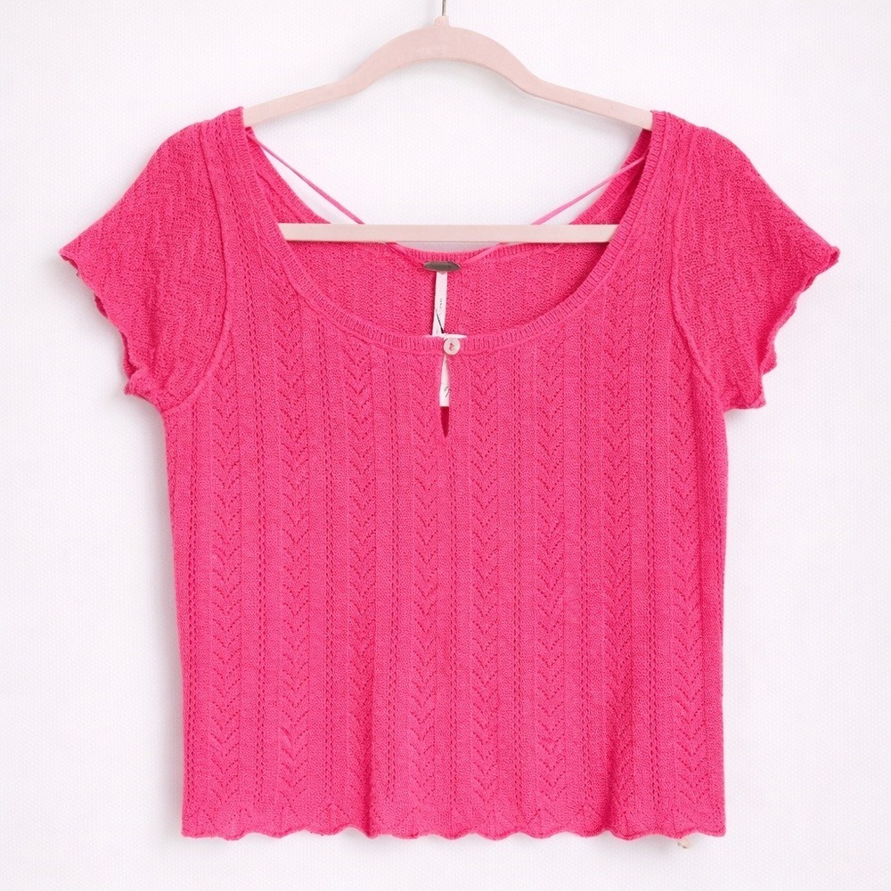Free People NEW Hera Pink Cashmere Pointelle Short Sleeve Crop Sweater SZ Small - Picture 2 of 10
